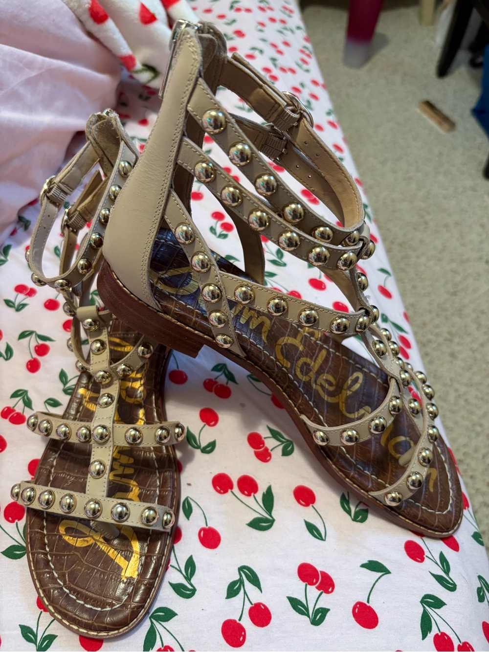 New Sam Edelman Studded Strappy Gladiator Sandals in Beige - Picture 2 of 5